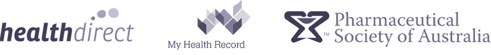 A collection of logos featuring Health Direct, My Health Record, and the Pharmaceutical Society of Australia.