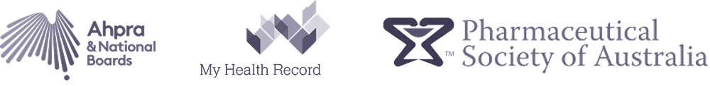 A collection of logos from our partners and providers, Ahpra, My Health Record, and the Pharmaceutical Society of Australia.